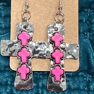 Cross Antique Silver & Pink Drop Earrings